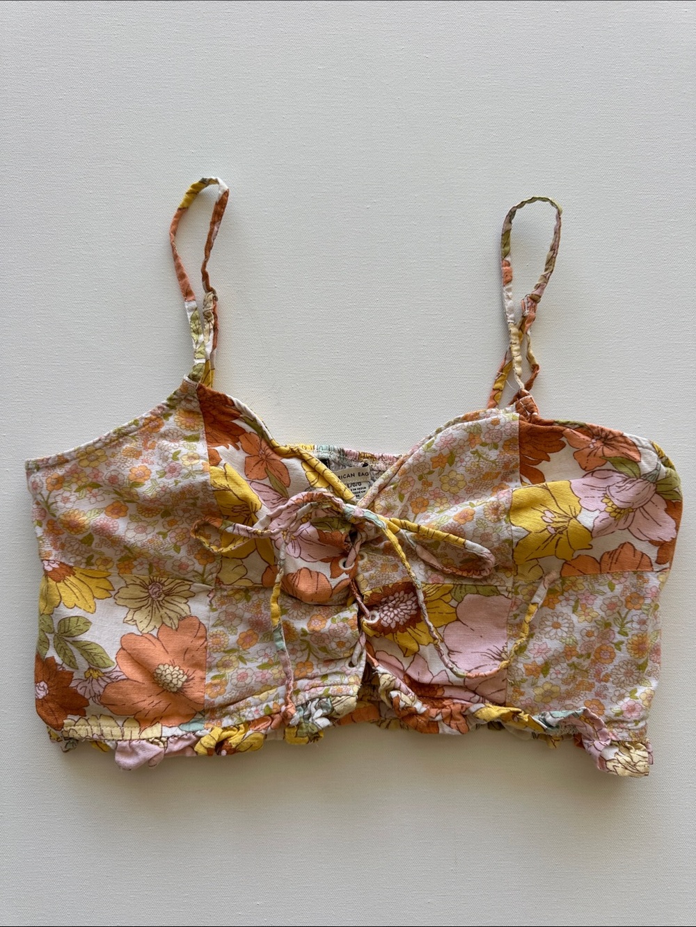 American Eagle Outfitters Floral Lace-Up Crop Camisole in Peach, Yellow & Pink
